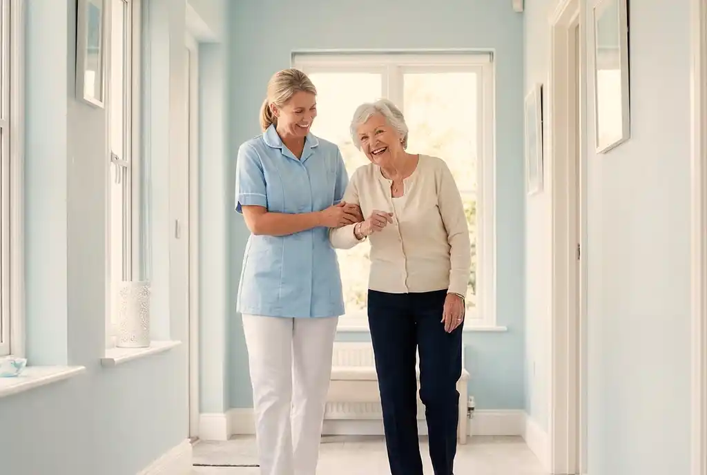 Caregiver helping senior woman
