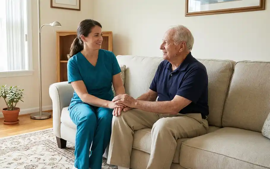 Caregiver holding an elderly gentleman's hand in a calm living room